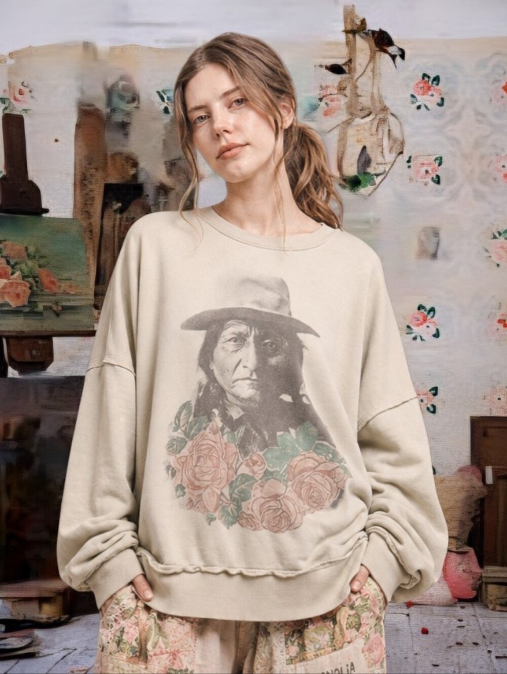 Magnolia Look Free Style Native Graphic Loose Sweater Boho Sweatshirt Top XL New